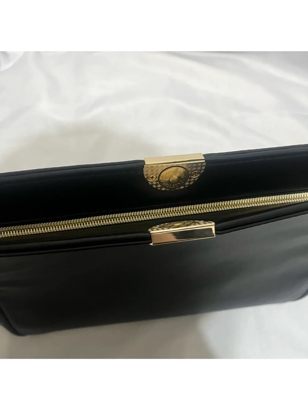 Bergdorf Goodman Black Leather Beauty Bag with Gold Accent